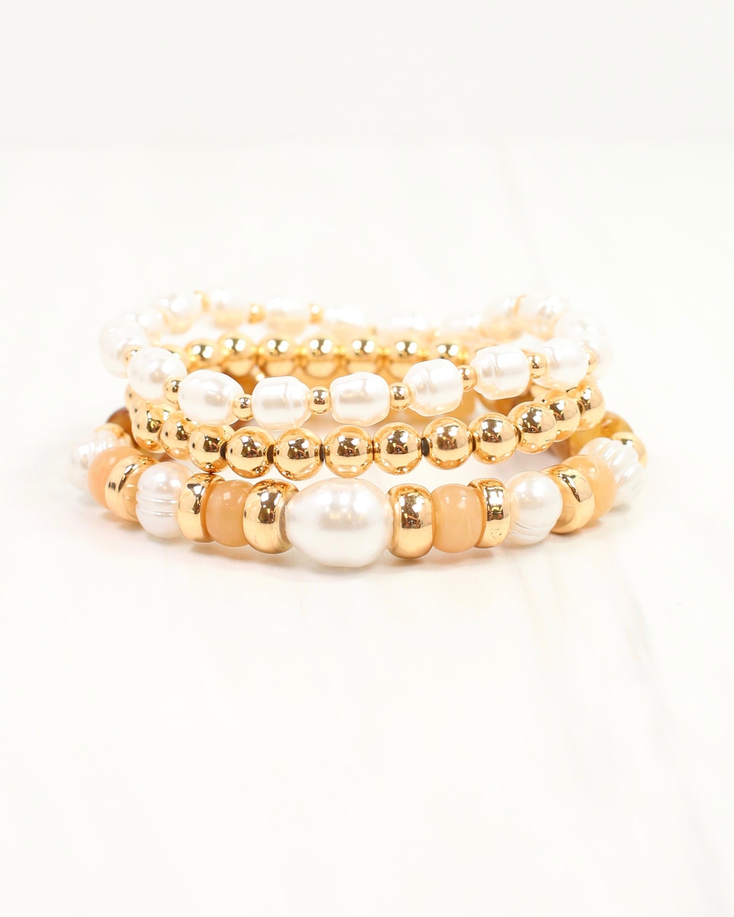 Bowie Bead and Pearl Stretch Bracelet Set Brown