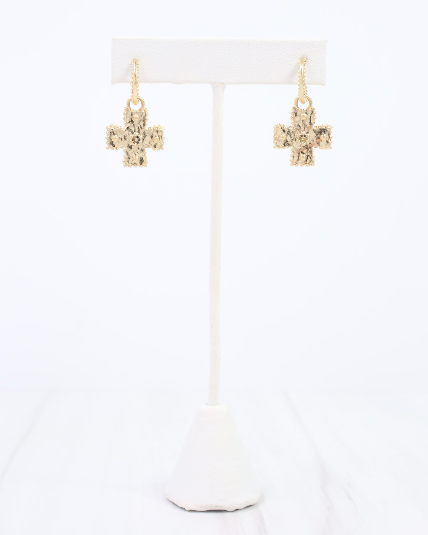 Carol Cross Dangle Hoop Worn Gold