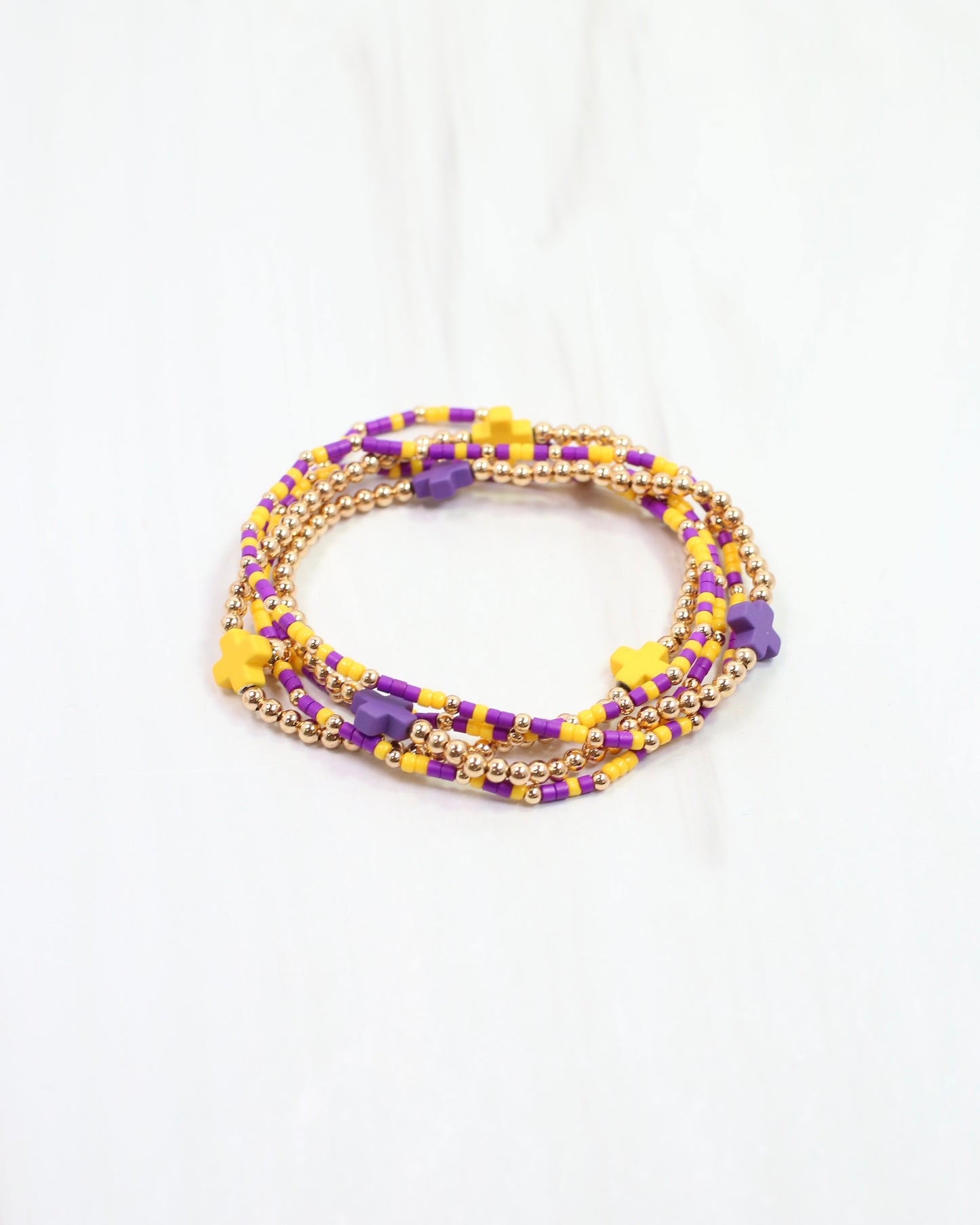 Felicity Beaded Cross Bracelet Set Purple Gold