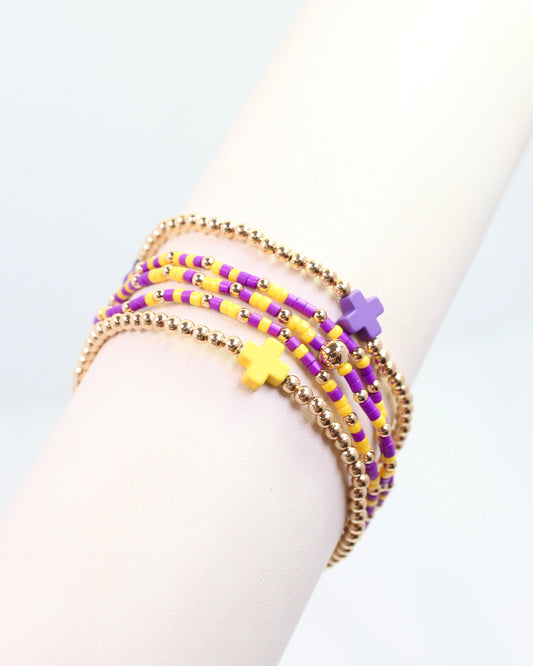 Felicity Beaded Cross Bracelet Set Purple Gold