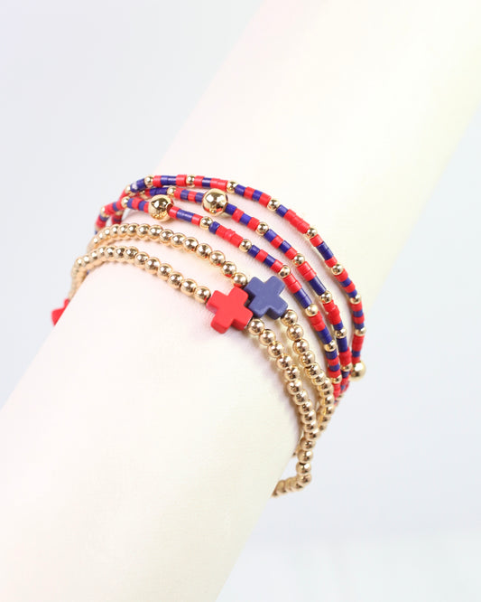 Felicity Beaded Cross Bracelet Set Red Navy