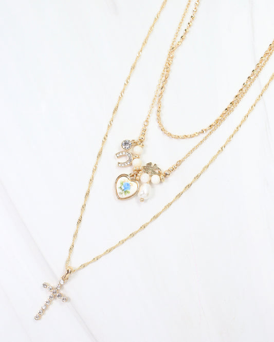 Dawn Layered Cross and Charm Necklace Gold