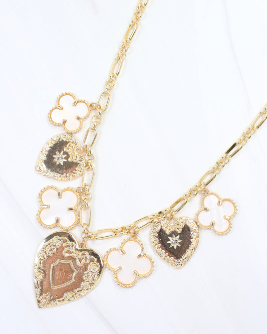 Lillith Clover and Heart Charm Necklace Gold