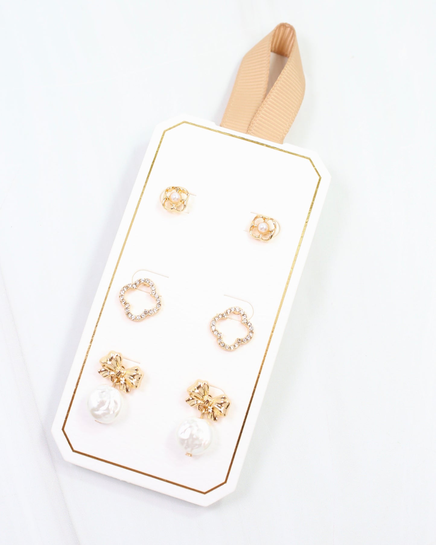 Carraway Clover and Pearl Earring Set Gold