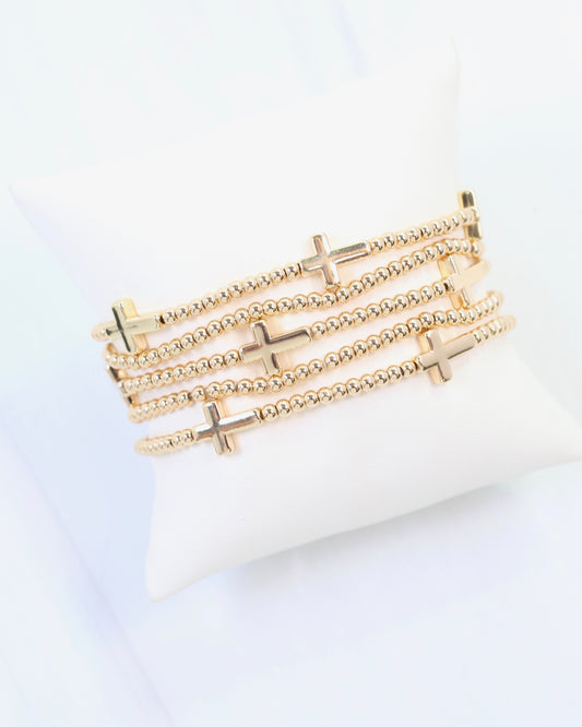 Sally Cross and Bead Stretch Bracelet Set Gold