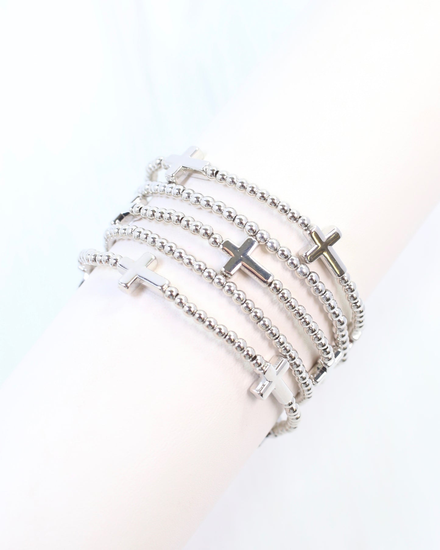 Sally Cross and Bead Stretch Bracelet Set Silver