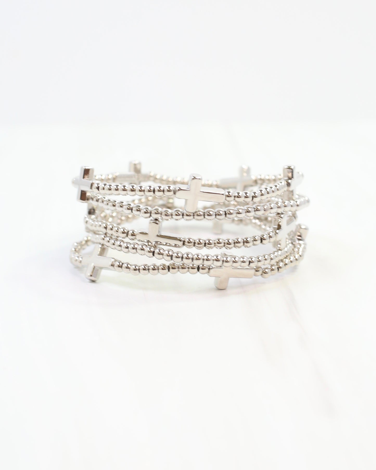 Sally Cross and Bead Stretch Bracelet Set Silver