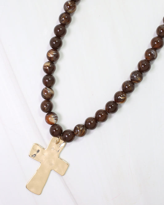 Bakersfield Beaded Cross Necklace Brown