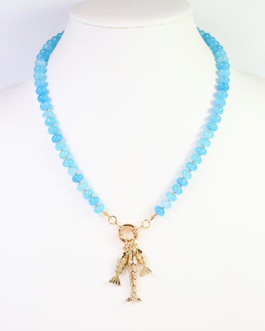 Saranac Marble Bead Fish Charm Necklace Blue