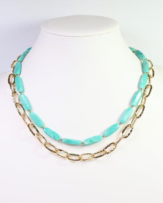 Fargo Link and Bead Layered Necklace Turquoise