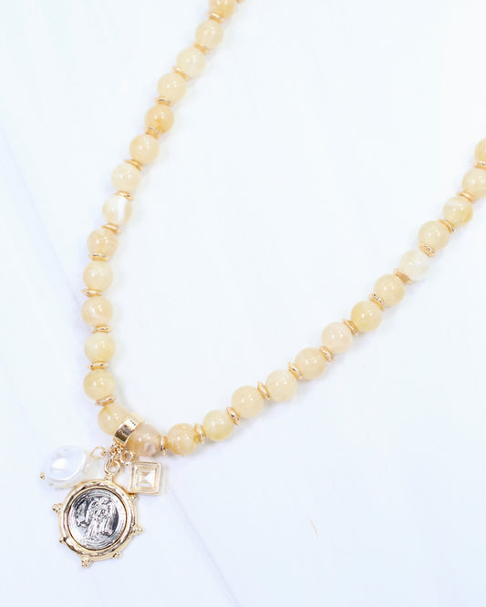 Trento Beaded Coin Charm Necklace Natural