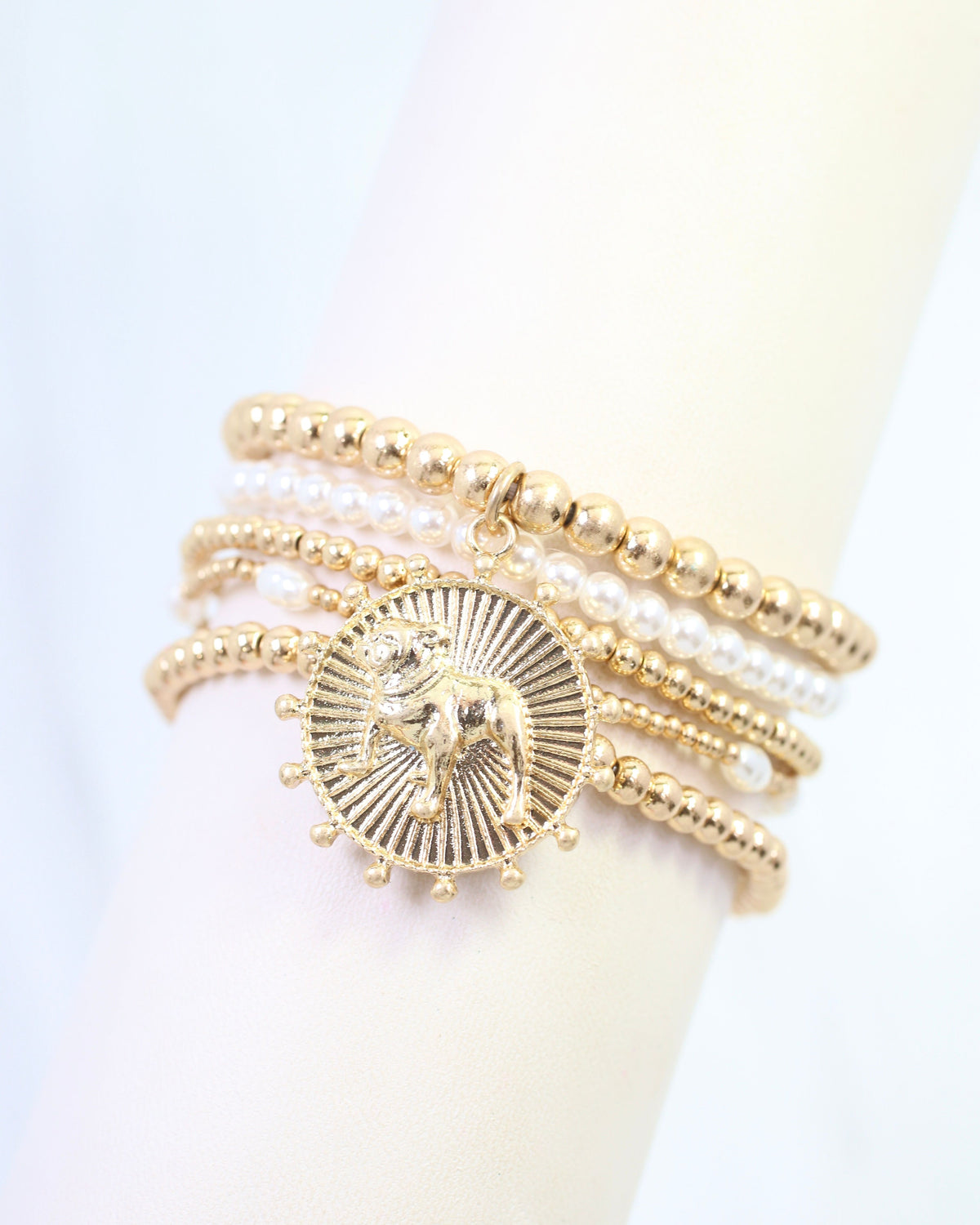 Carmen Coin Beaded Bracelet Set Standing Dog Worn Gold