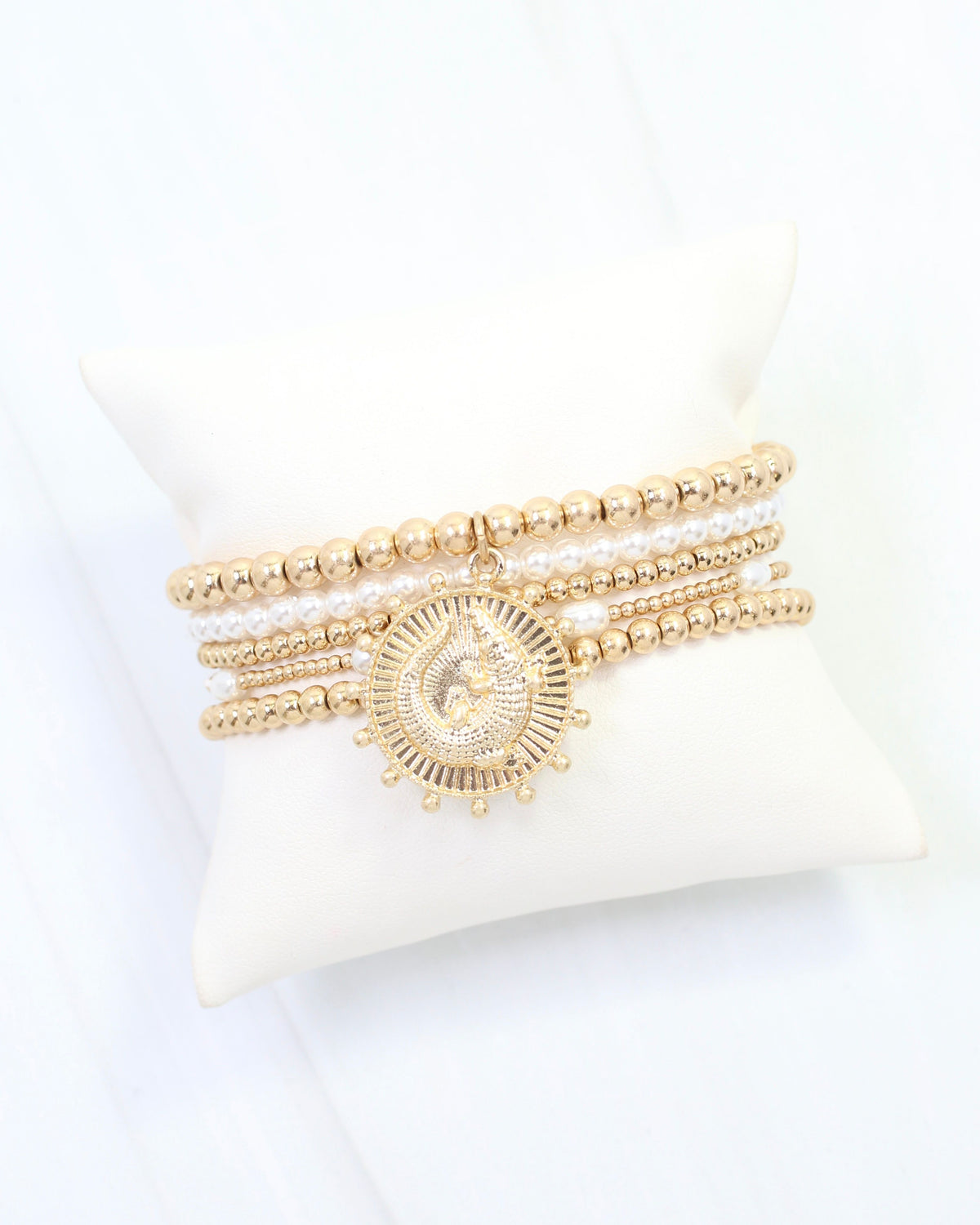 Carmen Coin Beaded Bracelet Set Alligator Worn Gold