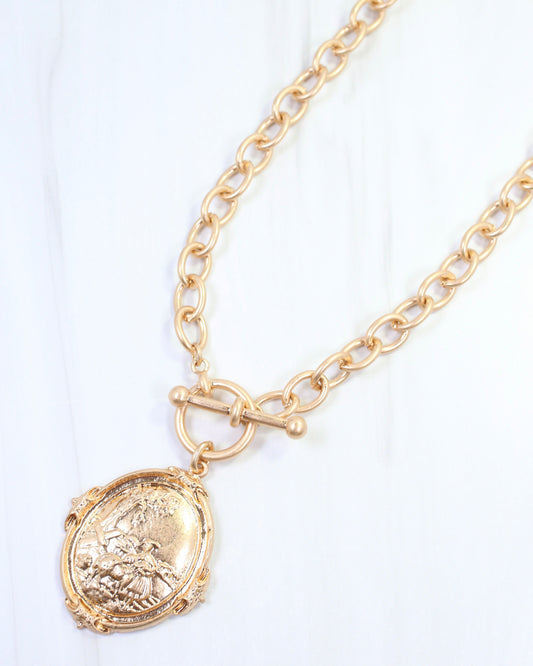 Breanna Oval Medallion Toggle Necklace Worn Gold