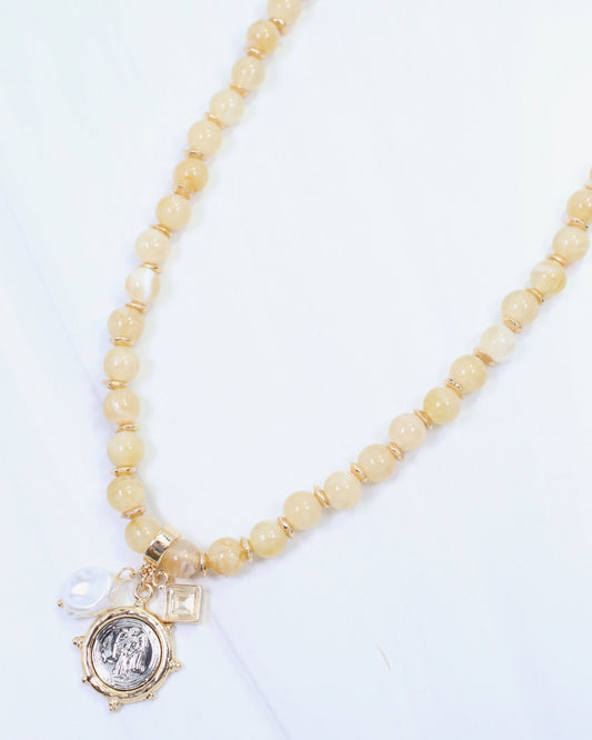 Trento Beaded Coin Charm Necklace Natural