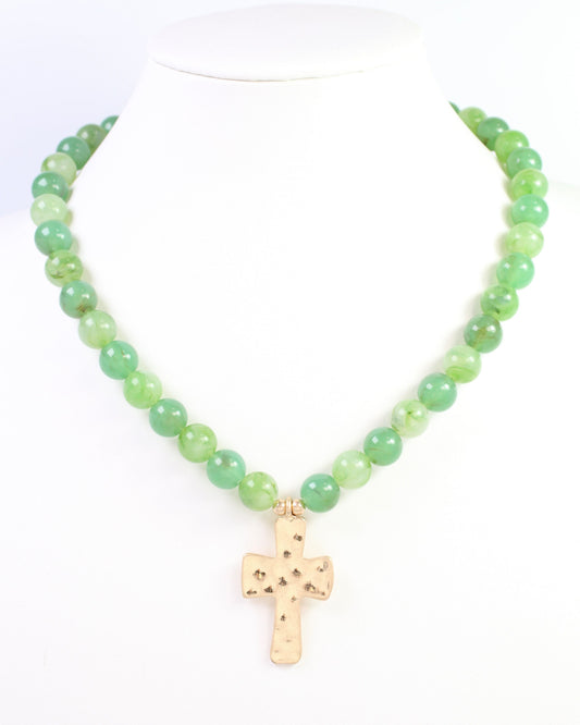 Kathryn Hammered Cross Beaded Necklace Green