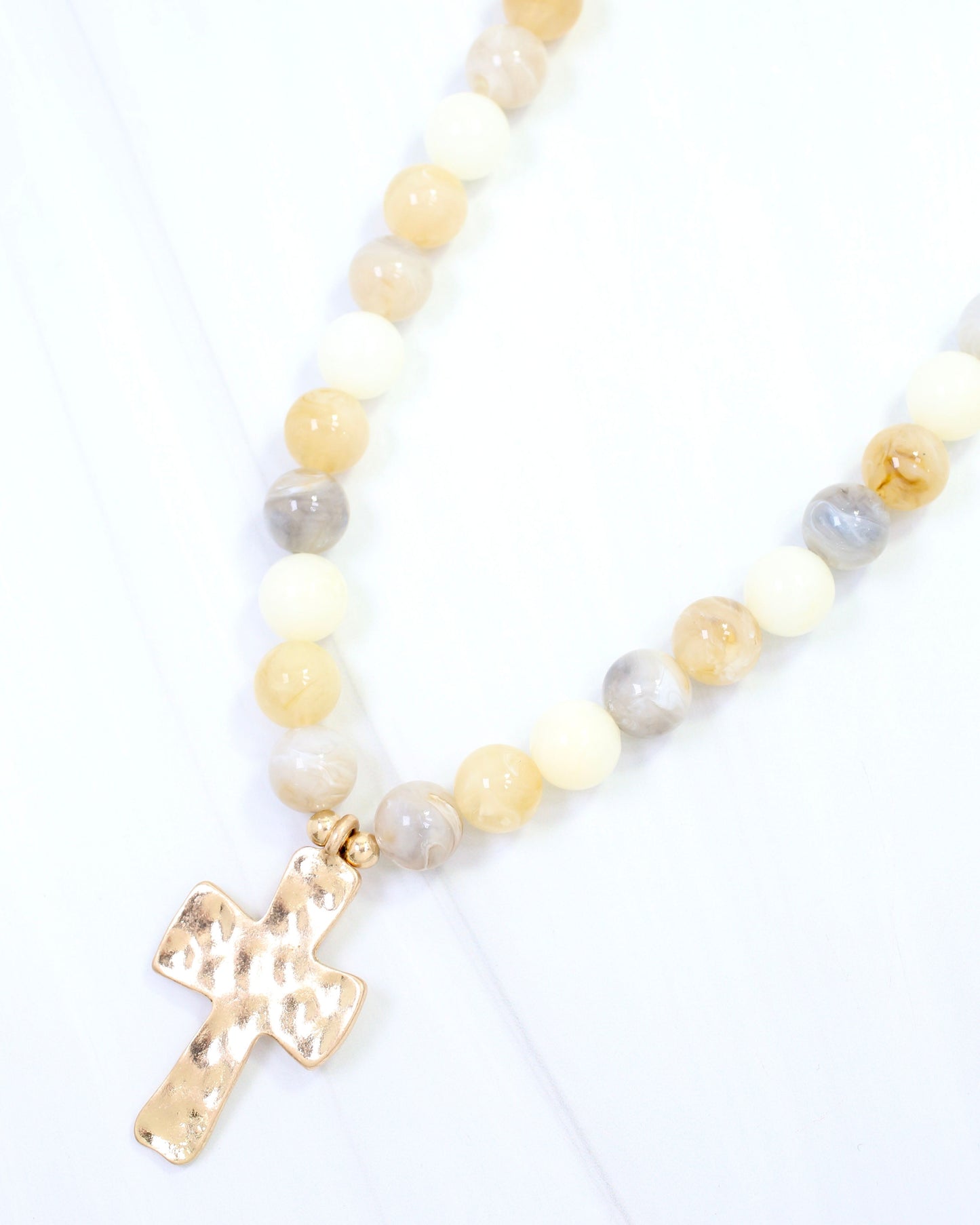 Kathryn Hammered Cross Beaded Necklace Ivory
