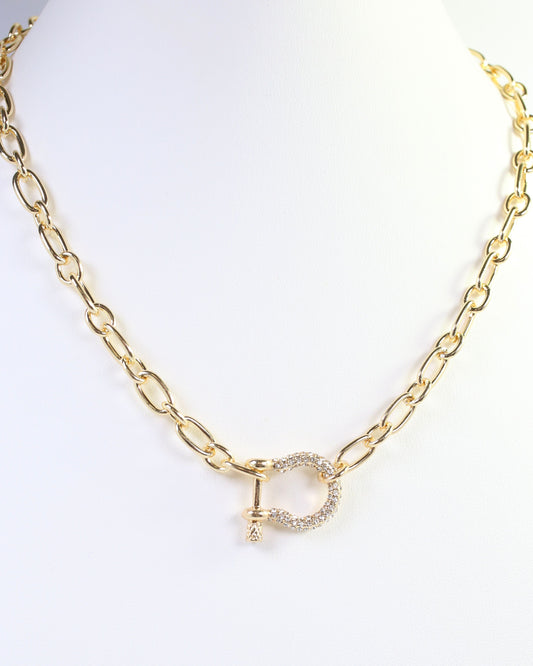 Bianca CZ Pave Horsebit Link Necklace WR Gold