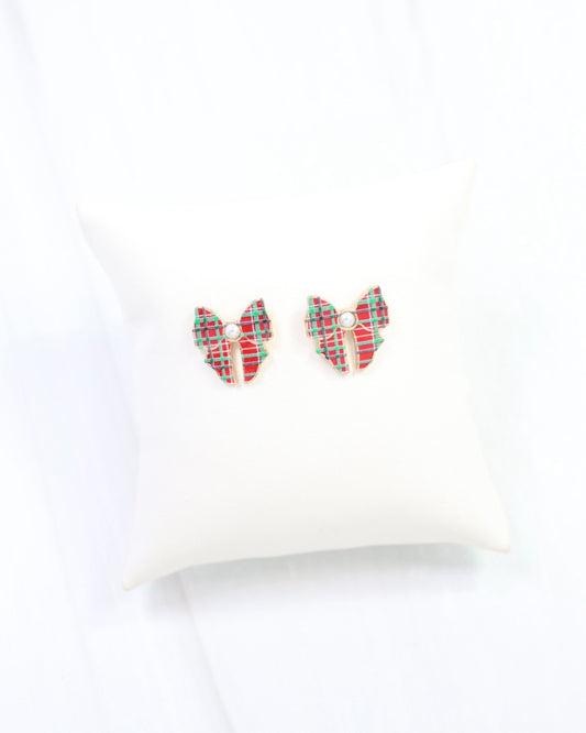 North Pole Plaid Bow Stud Earring Red Green