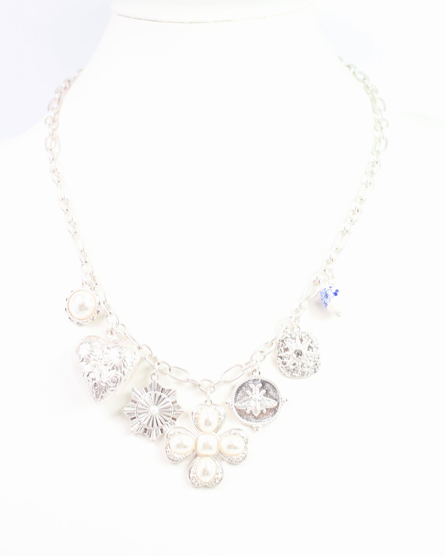 Verona Pearl  Charm Necklace Worn Silver