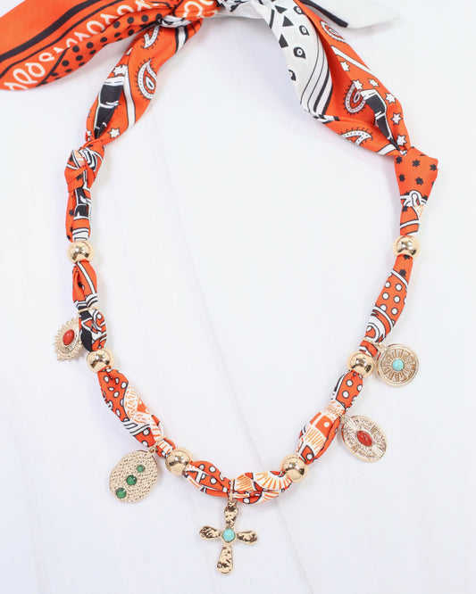 Inglewood Charm Scarf Necklace Orange