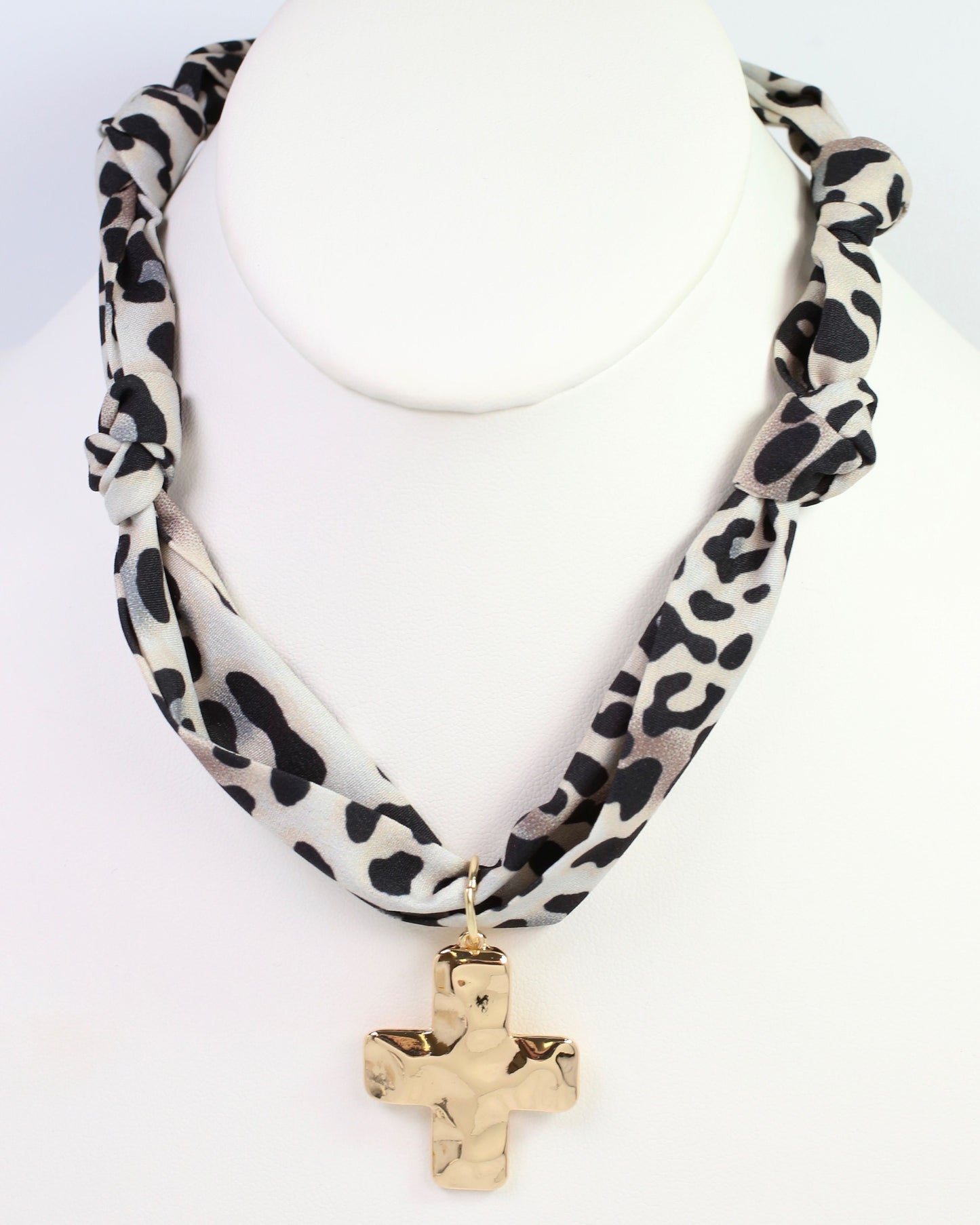 Elmhurst Cross Charm Scarf Necklace Taupe Leopard