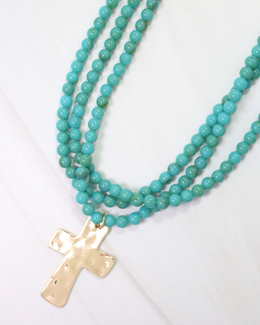 Barstow Layered Beaded Cross Necklace Turquoise