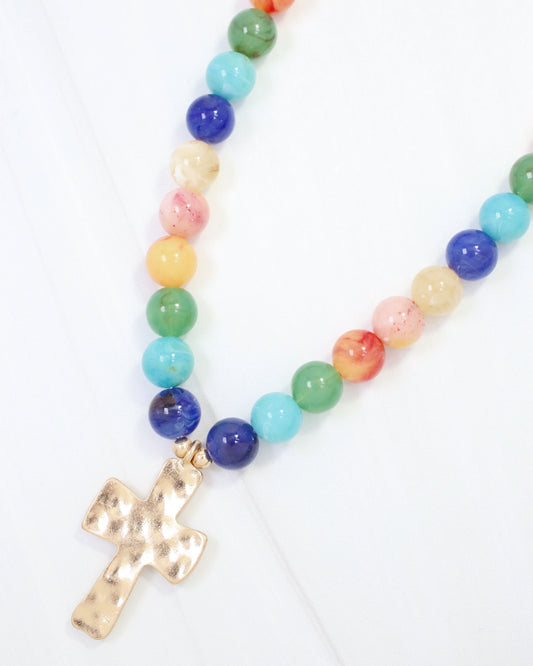 Kathryn Hammered Cross Beaded Necklace Multi