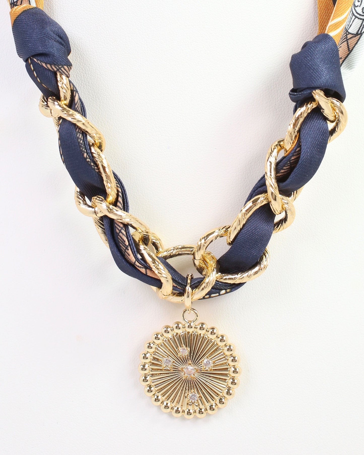 Sarah Scarf Charm Necklace Navy Gold