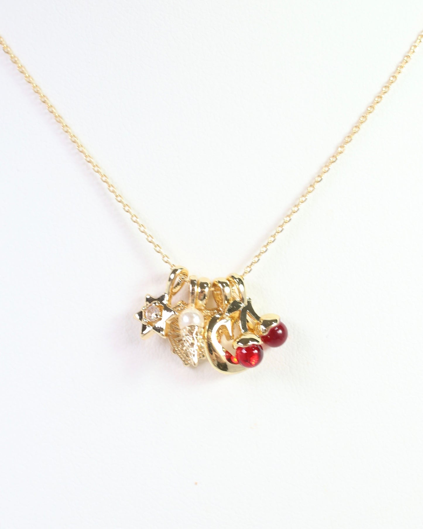 Red Cherry Charm Necklace Set Gold