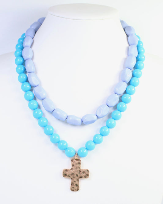Pedy Cross Layered Beaded Necklace Blue