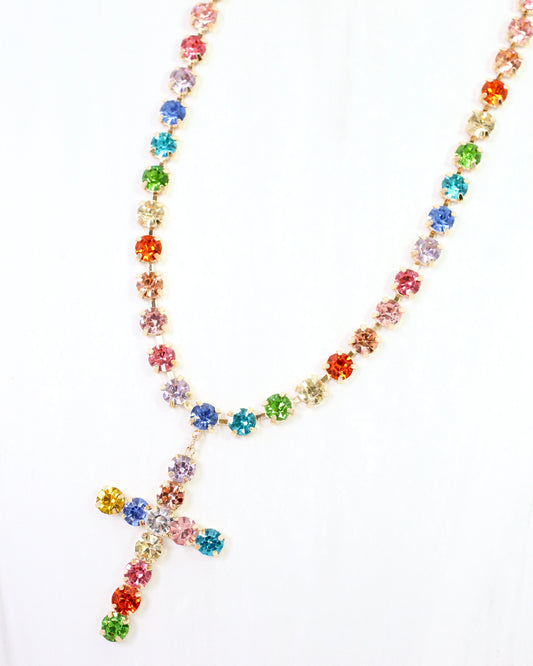 Melinda Crystal  Cross Necklace Lavender Multi