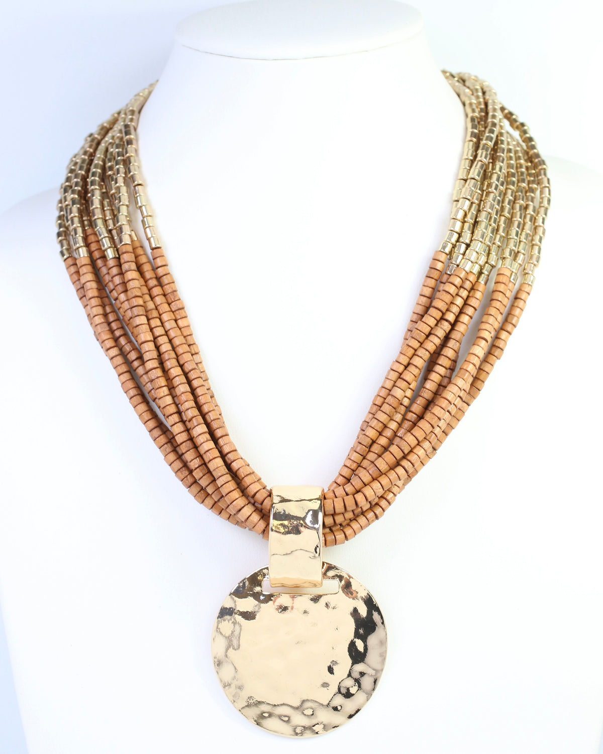 Marbella Layered Wooden Bead Necklace with Pendant Brown
