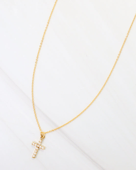Corinth Pearl Cross Necklace Gold