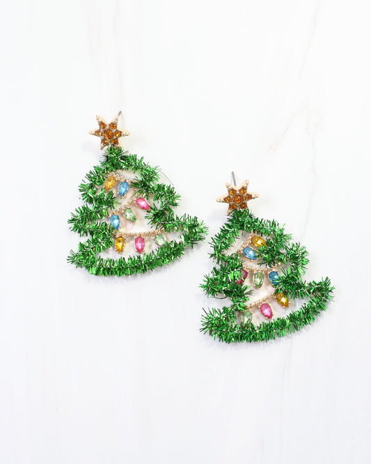 Tis the Season Tinsel Tree Earring Green