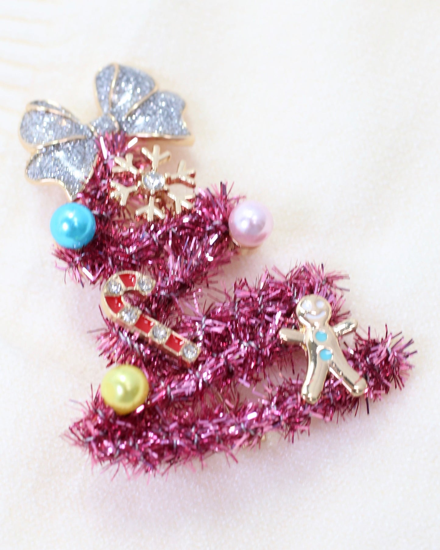 Tis the Season Tinsel Tree Brooch Pink