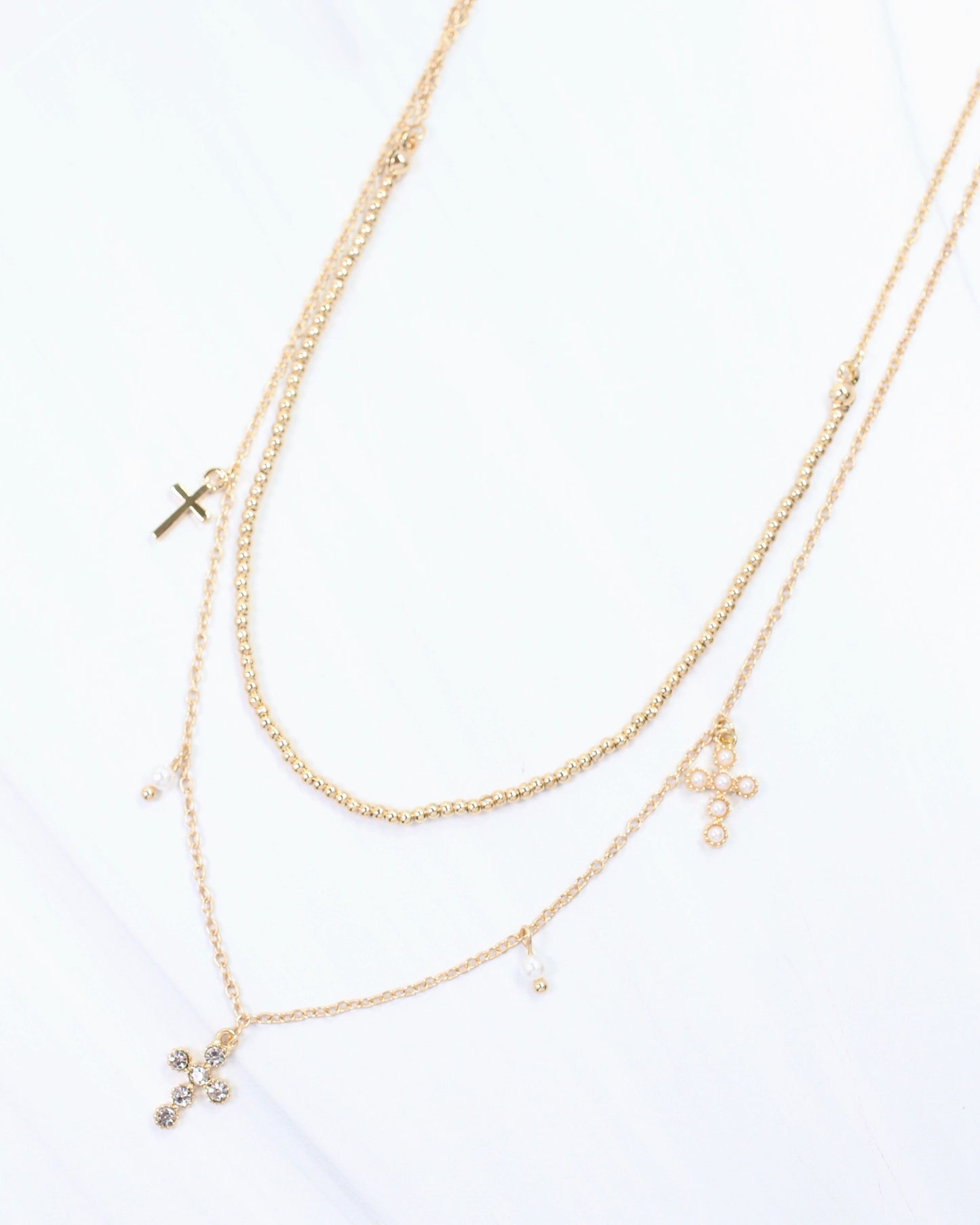 Maya Cross and Pearl Charm Necklace Gold