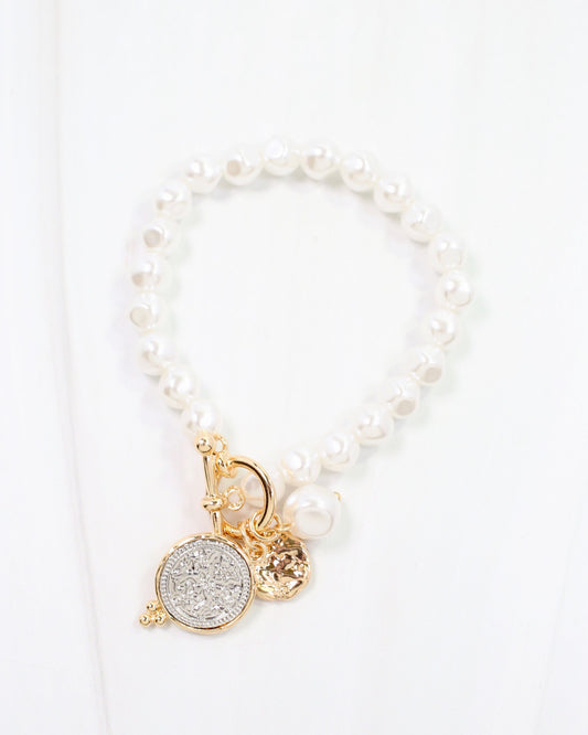 Roma Pearl Beaded Coin Bracelet Cream