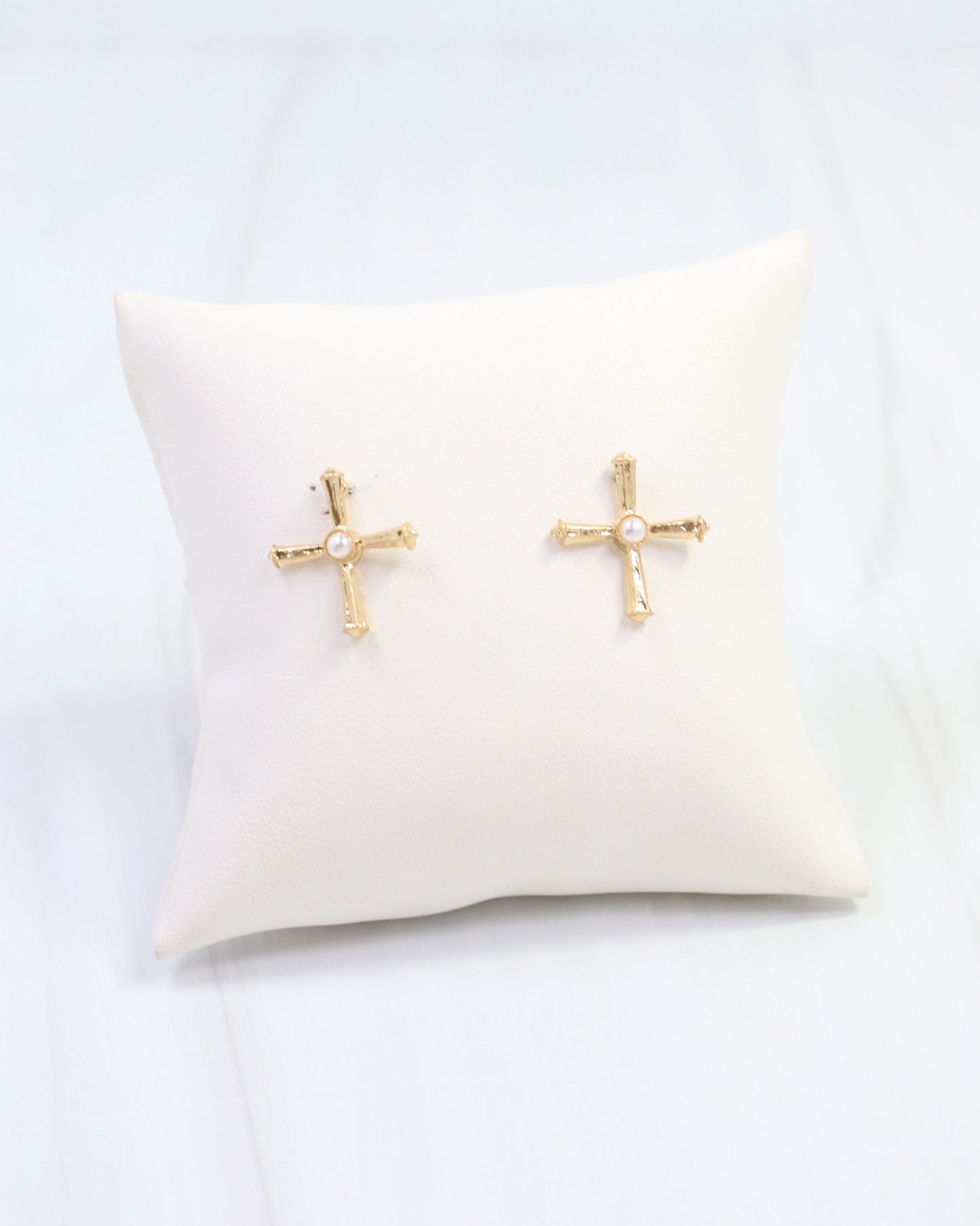 Janet Pearl Cross Stud Earring Worn Gold