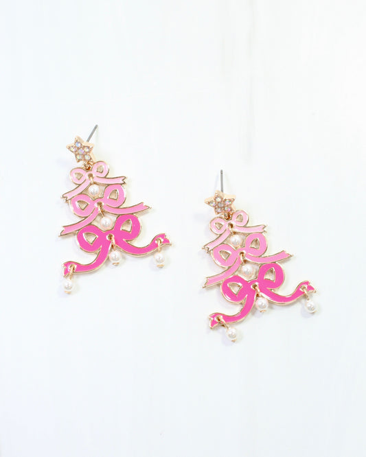 Cheerful Bow Tree Earrimg Pink