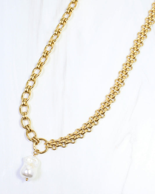 Coralie Asymmetric Link Pearl Necklace WP Gold