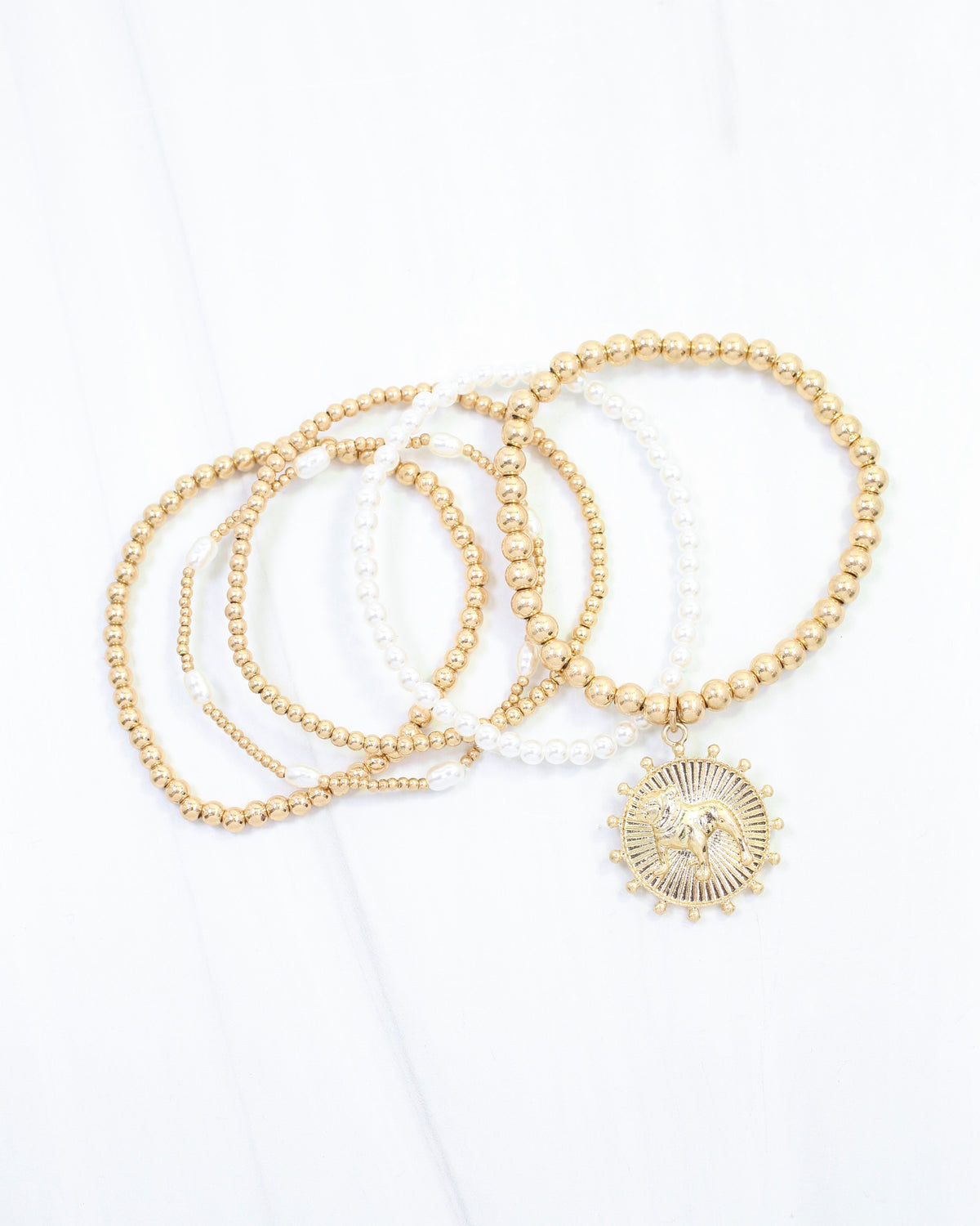 Carmen Coin Beaded Bracelet Set Standing Dog Worn Gold
