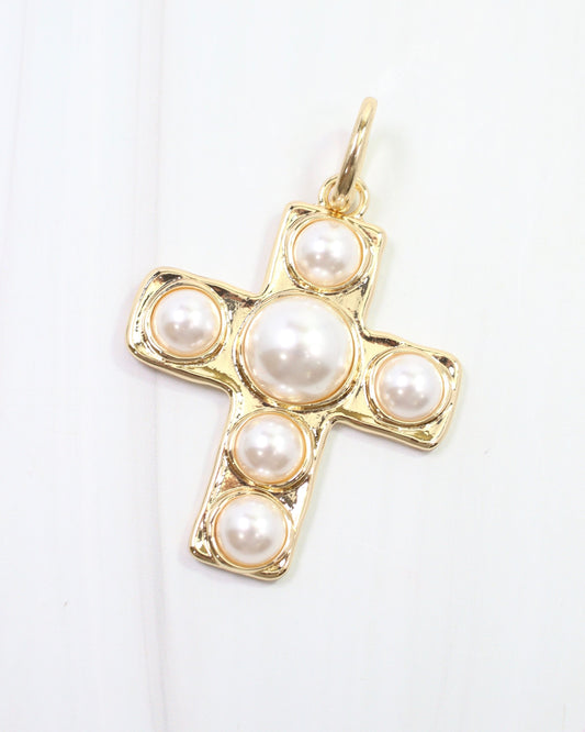 Clampett Large Pearl Cross Charm Gold