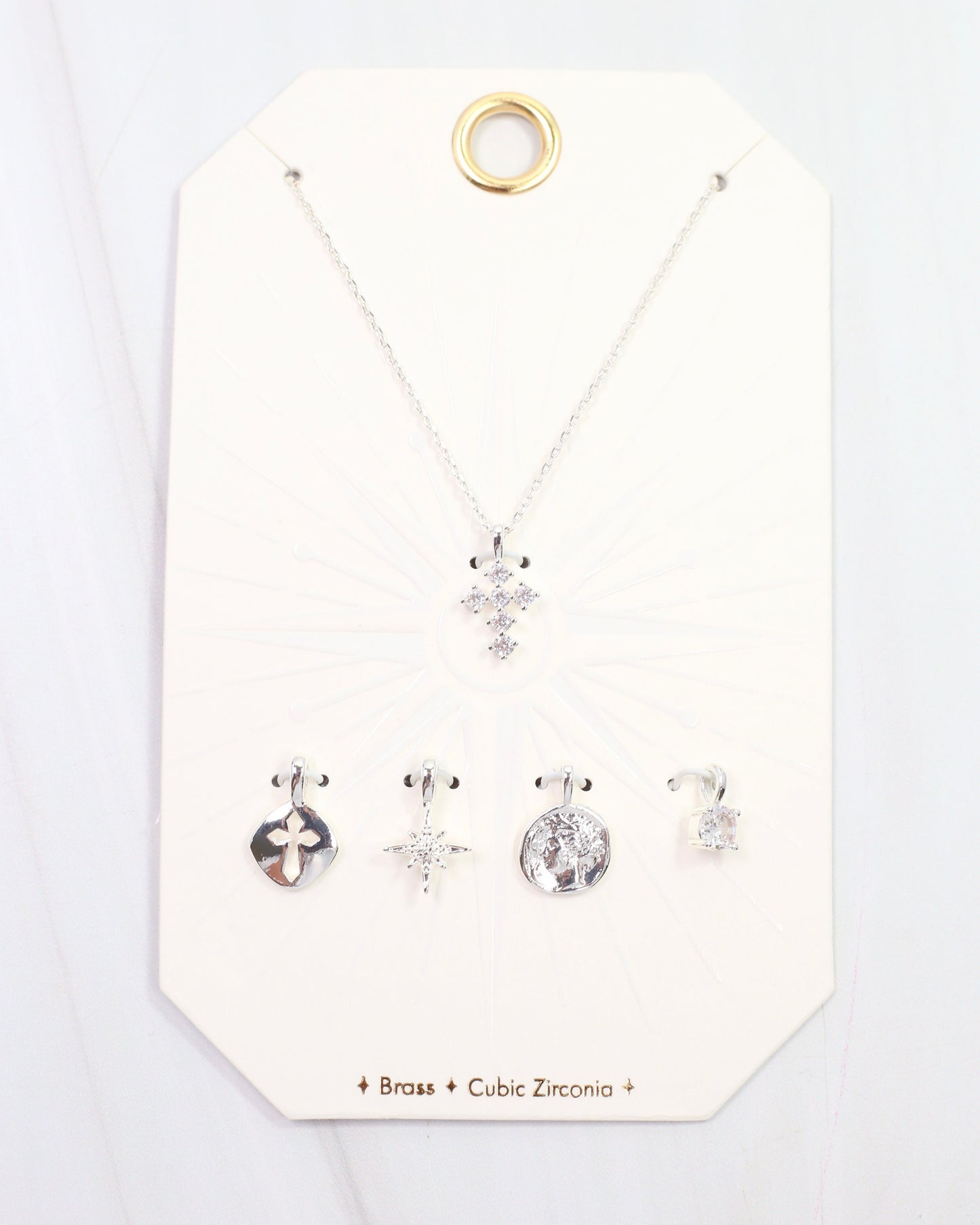 Cross and Coin Charm Necklace Set Silver