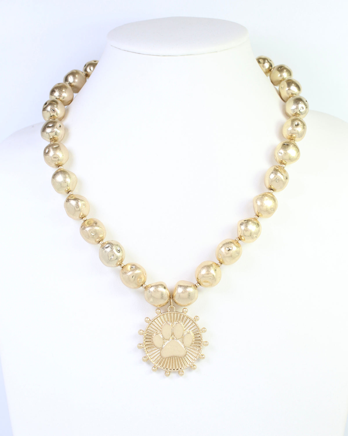 Carmen Beaded Coin Necklace-Paw Print Worn Gold
