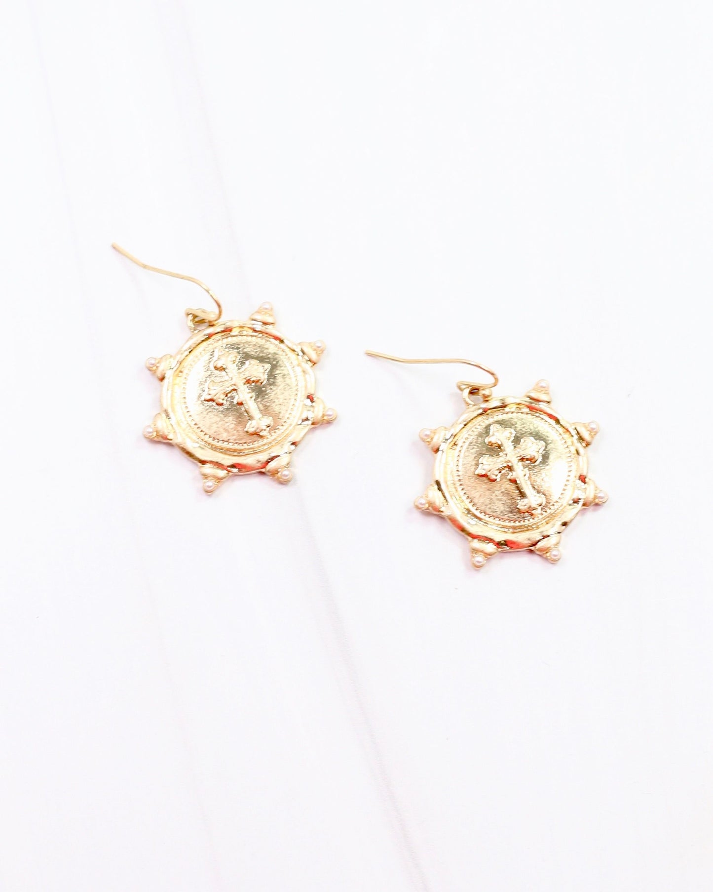 Remy Cross Drop Earring Worn Gold