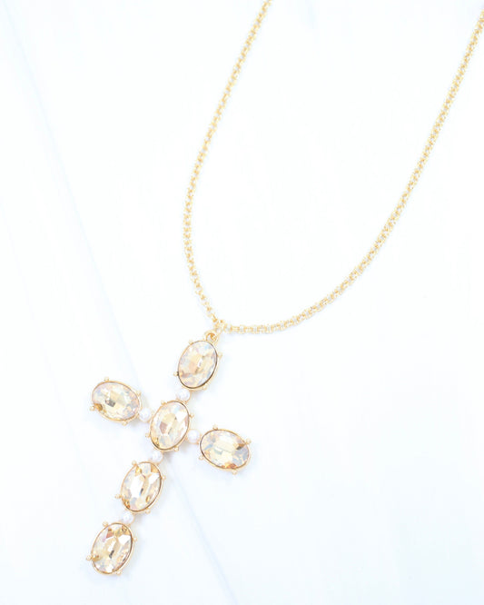 Gregory Glass Stone Cross Necklace Champagne