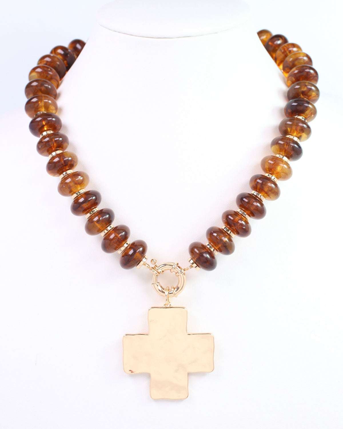 Ellis Bead and Cross Necklace Brown