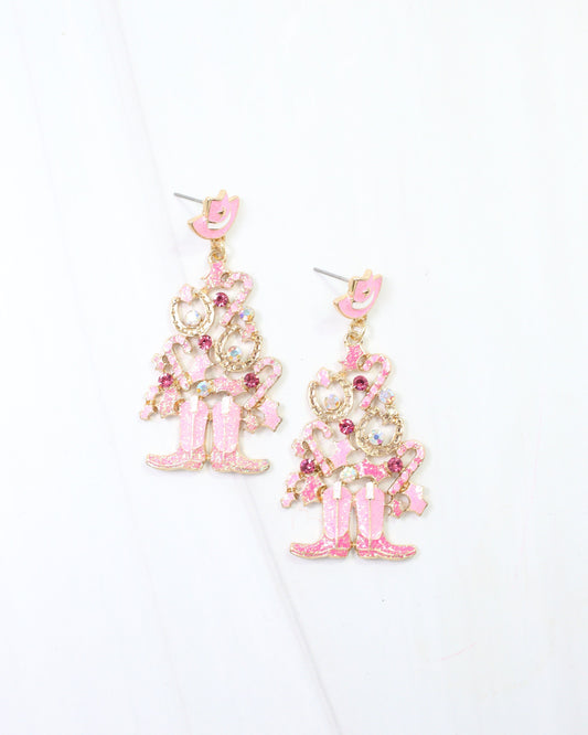 Cowboy Christmas Tree Earring Pink