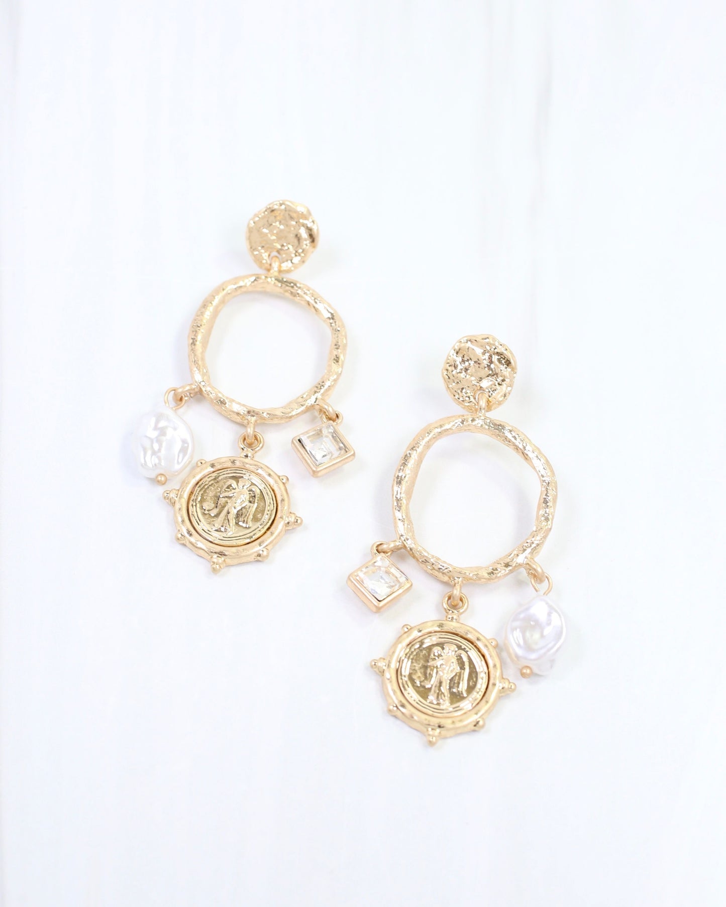 Adalee Hammered Coin Dangle Earring Worn Gold